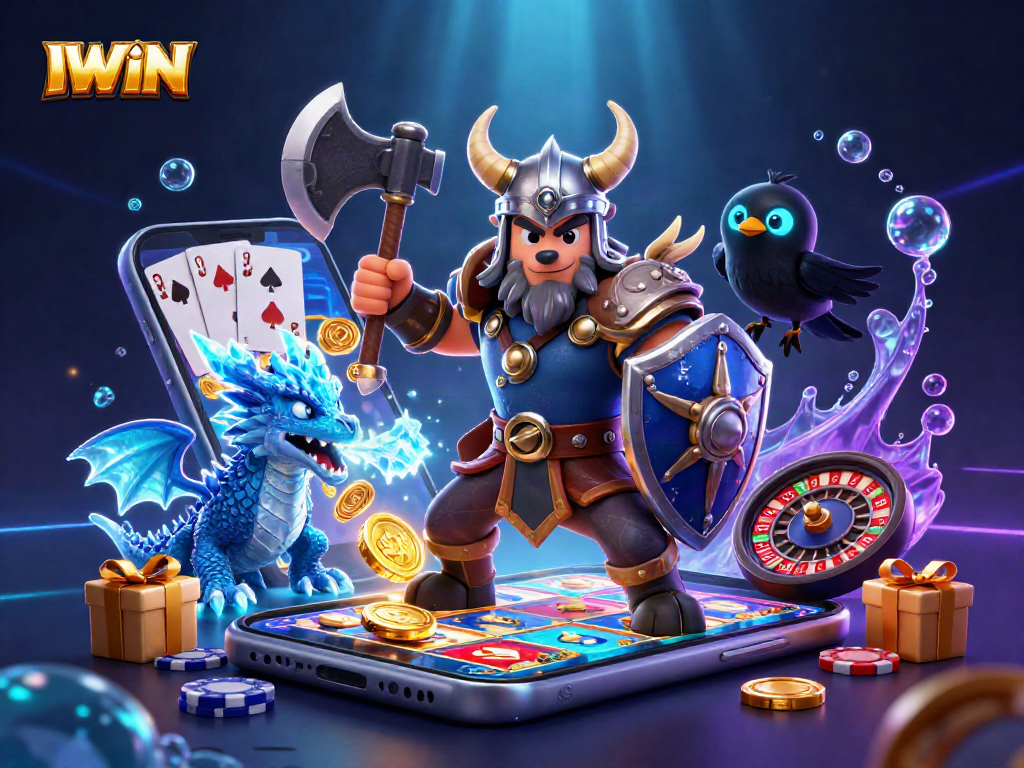 IWIN Viking wolf warrior in a vibrant casino-themed scene filled with engaging game elements.