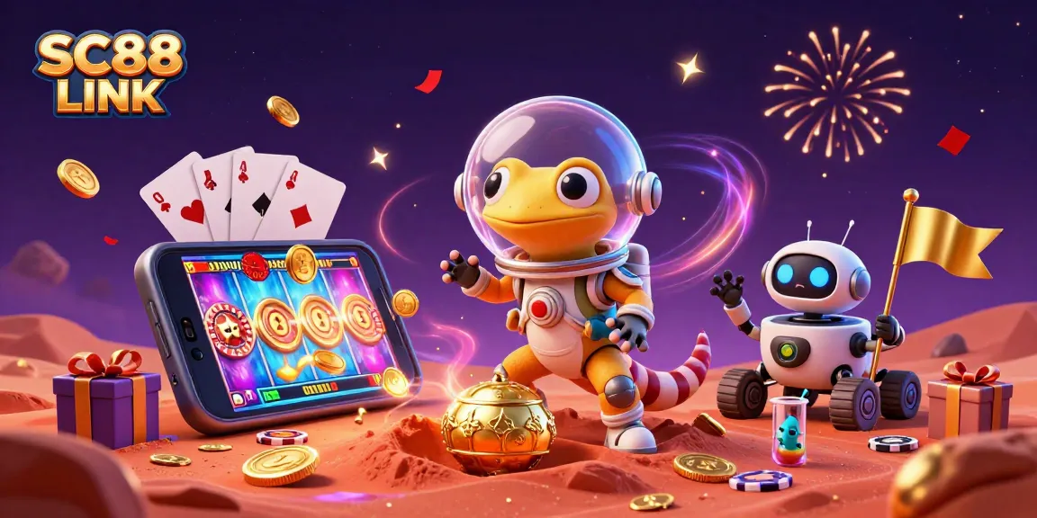 Experience the excitement of SC88 LINK with a Martian gecko, golden casino, and vibrant game elements.