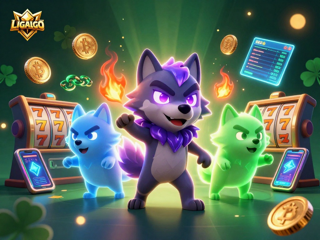 LIGALGO features a dynamic casino scene with ghostly wolves and glowing crypto elements, depicting an engaging gaming atmosphere.