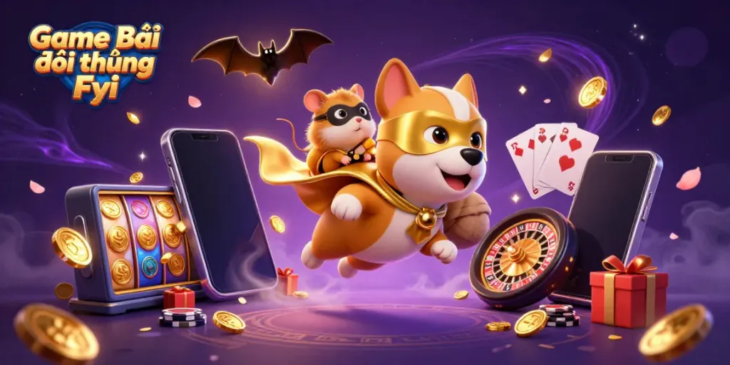 Experience the thrill of Game Bài Đổi Thưởng Fyi with a superhero dog and hamster amidst spinning slots and poker chips.