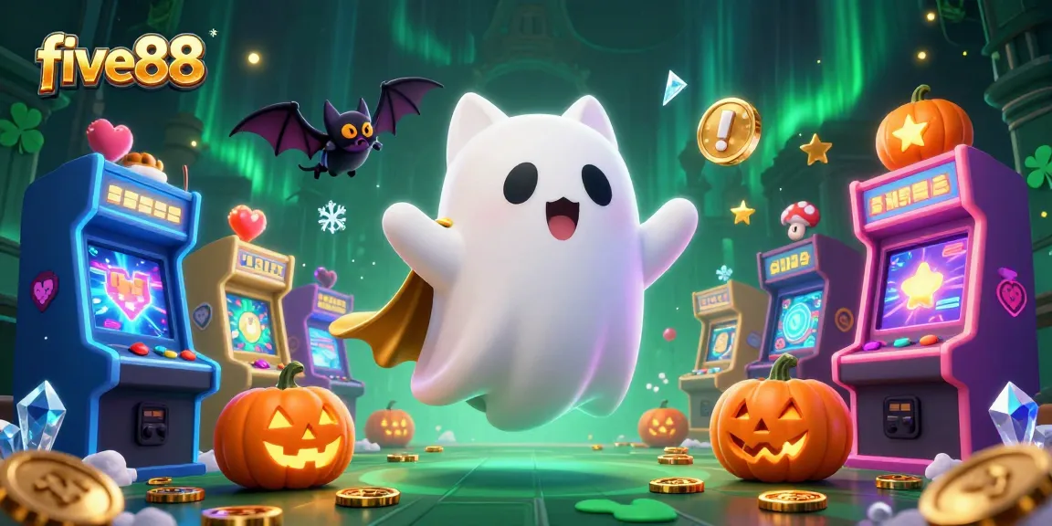 Engage in thrilling gaming action at five88 with a vibrant casino scene featuring a ghost cat and vampire bat.