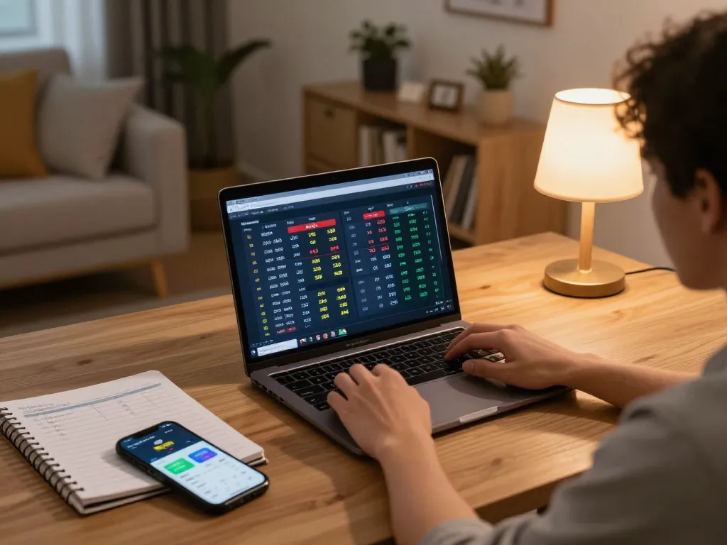 Engaged user analyzing sports betting odds on tylekeonhacai88 platform during cozy home gaming session.