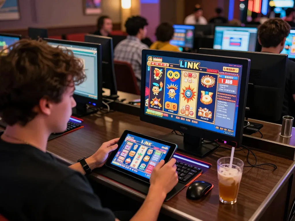 Engaging in thrilling Link Slot gameplay with a tablet, showcasing a vibrant online casino atmosphere