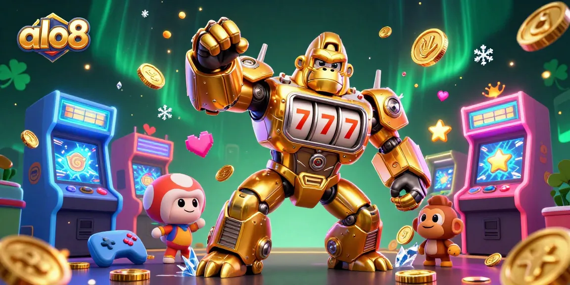 Join excitement at alo8 with a golden gorilla mech showcasing jackpot winnings and vibrant gaming elements.