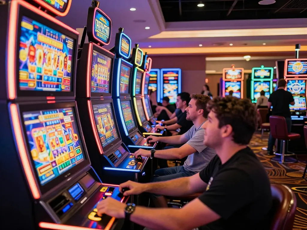 Players engaging with vibrant slot machines at vegasslot77, celebrating their wins in an exciting casino.