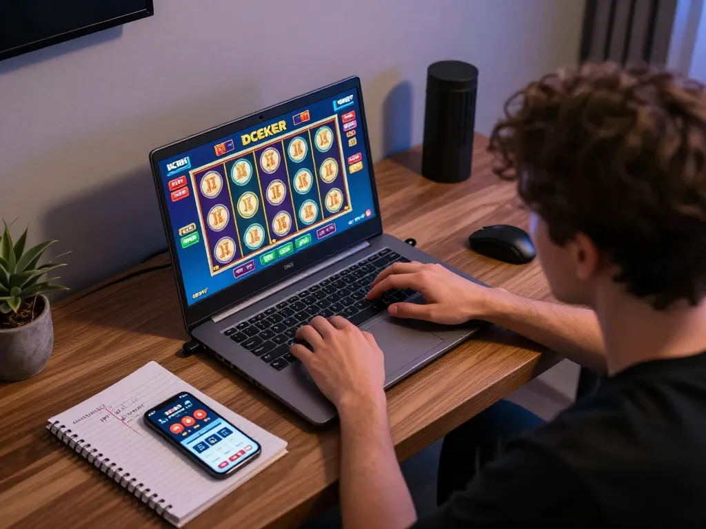 Player engaging with IDC88 JOKER slot games, illuminated screen showcasing vibrant graphics.