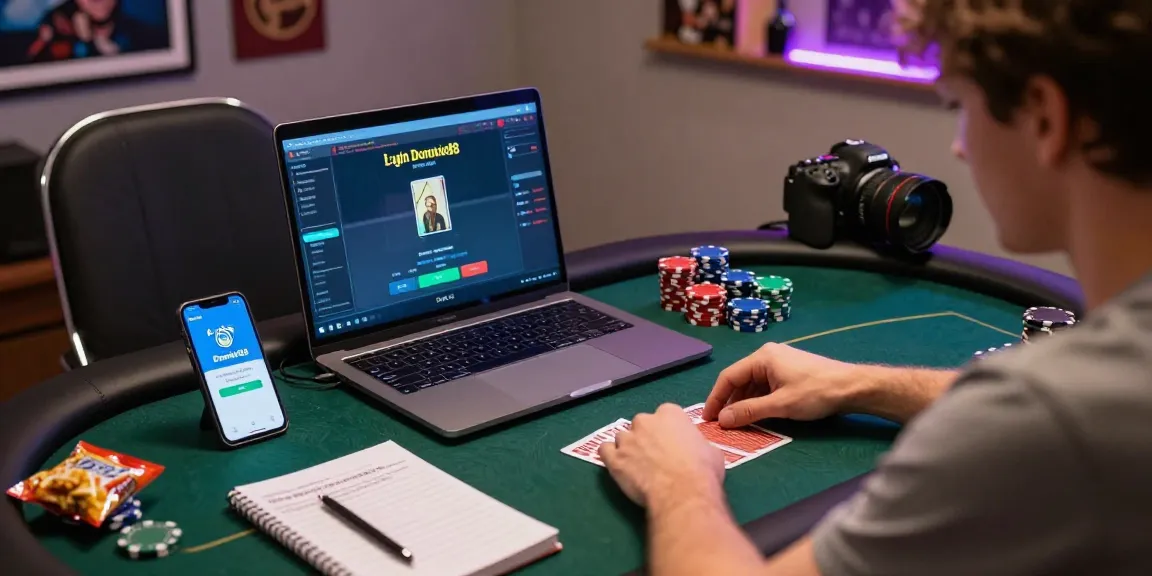 Exciting Login Domino88 online poker gaming scene with player focused on a dynamic laptop setup.