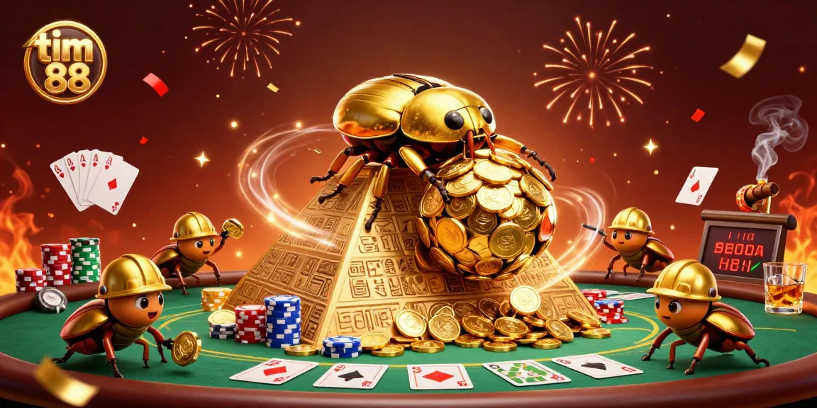 tim 88 showcases a massive golden beetle rolling coins in a vibrant casino scene.