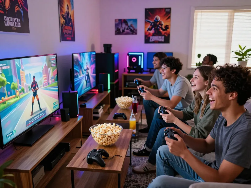 Friends enjoying an exciting gaming night at home with mantra88 experience, showcasing laughter and snacks.