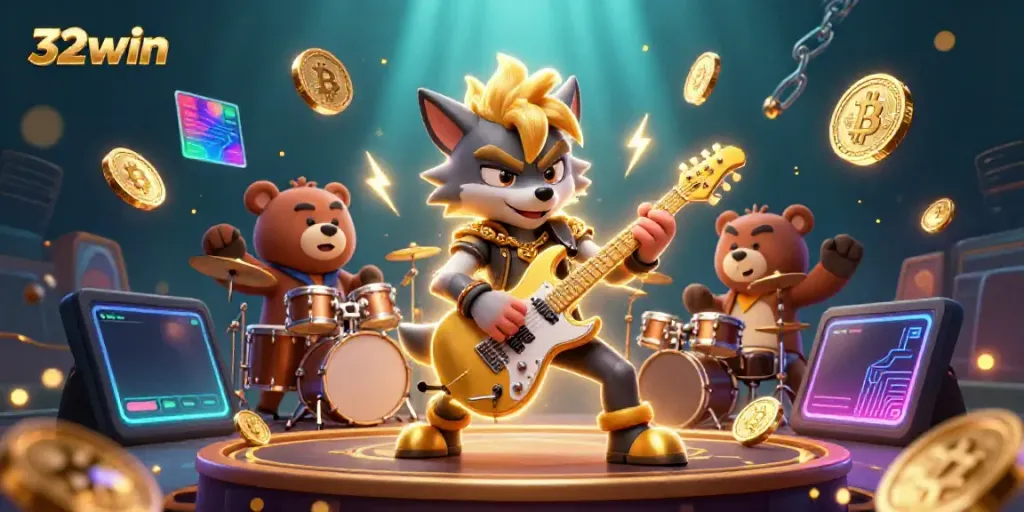 Engage with exciting 32win gaming on a vibrant casino stage featuring cartoon characters and crypto elements.