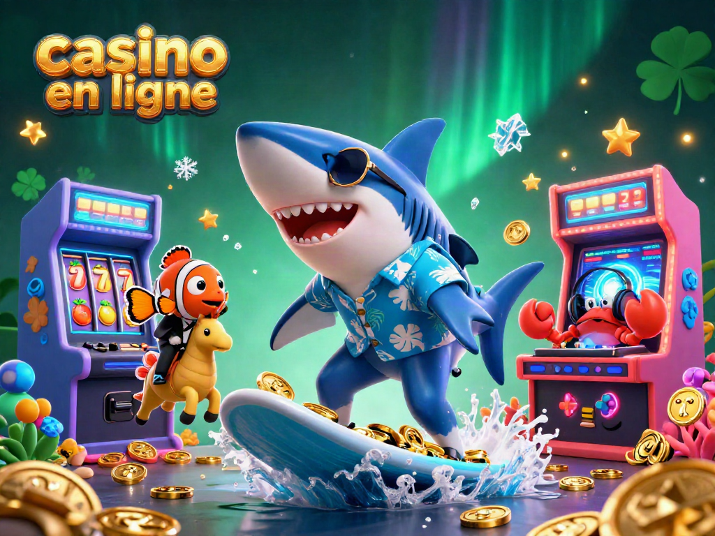 Les jeux de casino en ligne prennent vie avec un requin marteau coloré surfant sur des pièces d'or.
