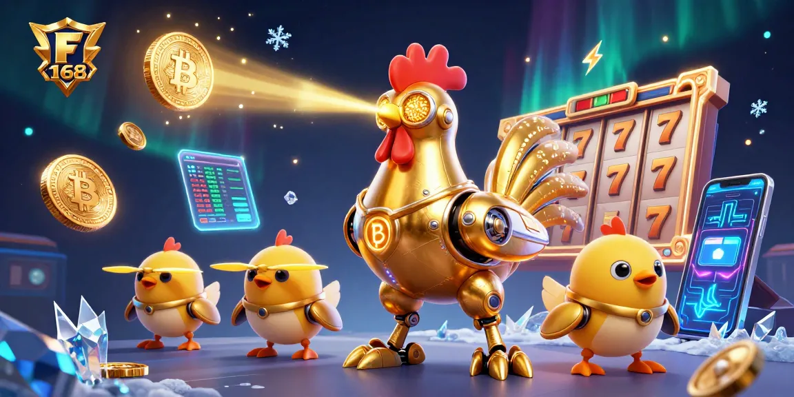 Experience the excitement of F 168 with a golden rooster robot and dynamic slot game elements.