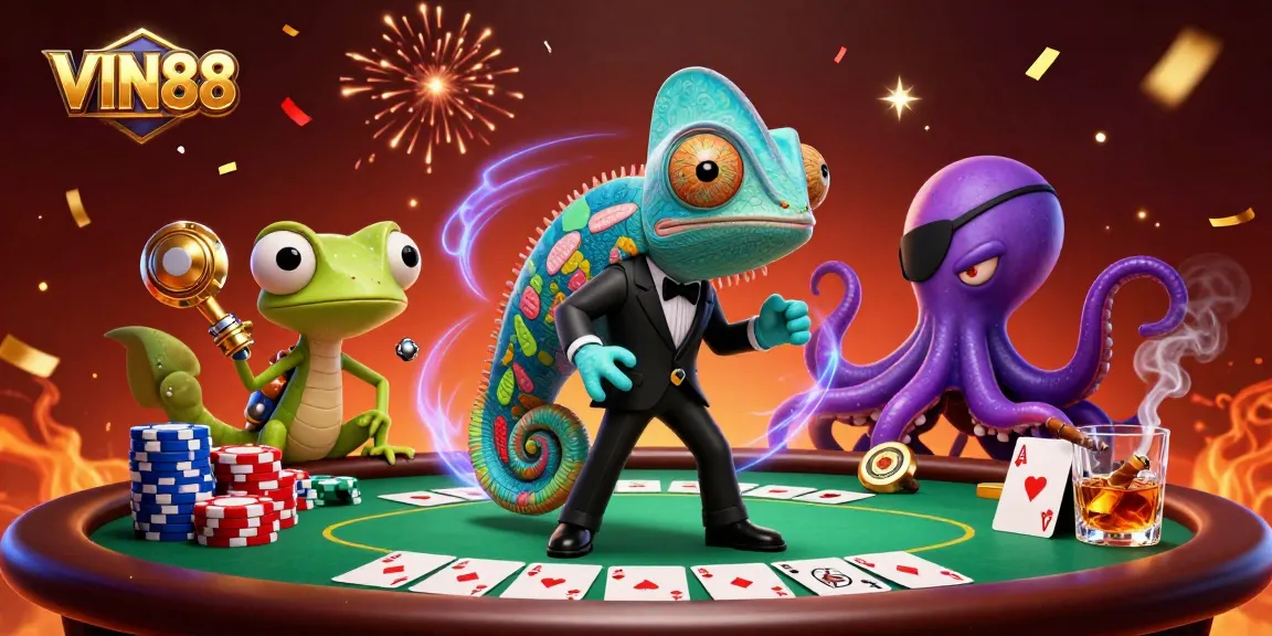 Bet on VIN88 with a colorful 3D illustration featuring thrilling poker action.
