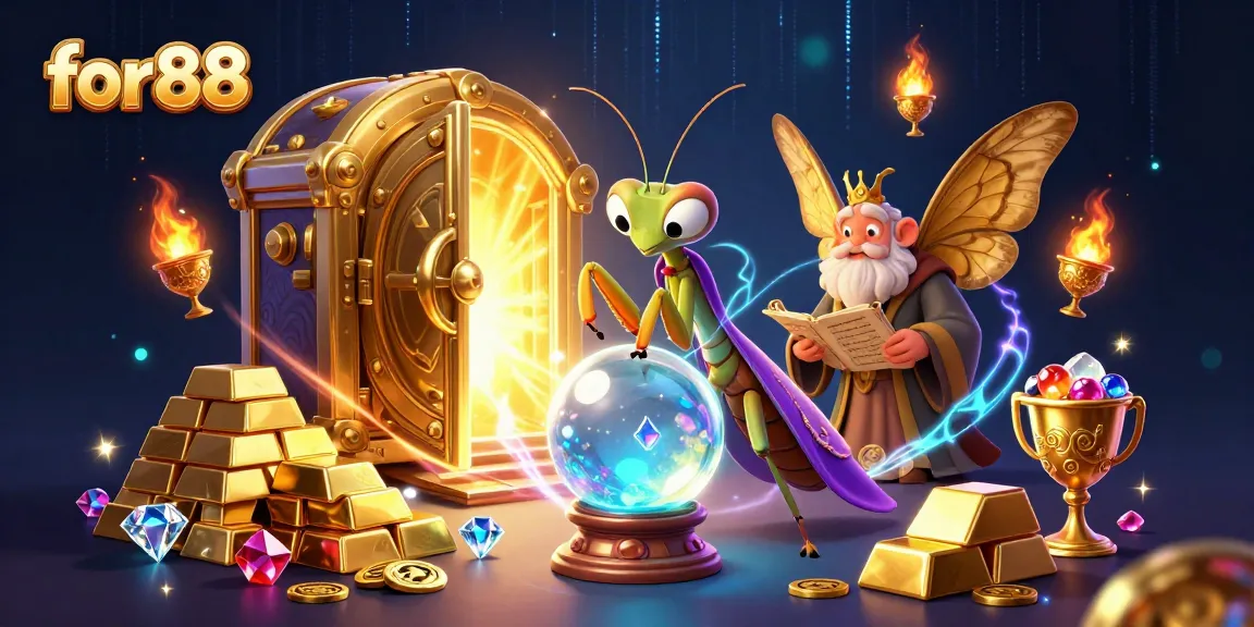 Engage in thrilling games at for88 with a vibrant 3D illustration featuring fortune tellers and treasures.