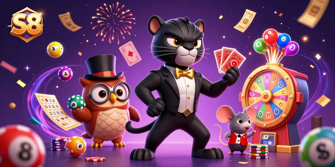 S8 offers vibrant lottery balls and cards in a lively online gaming scene with charming characters.
