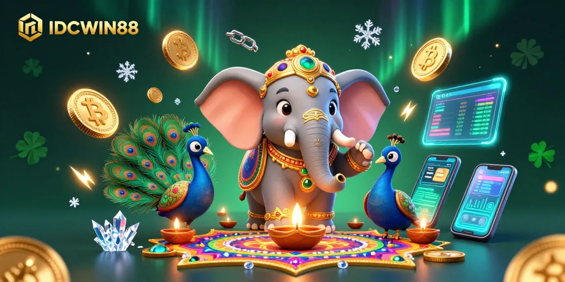 Win big with IDCWIN88 at this vibrant slot online platform featuring dazzling characters and crypto elements.