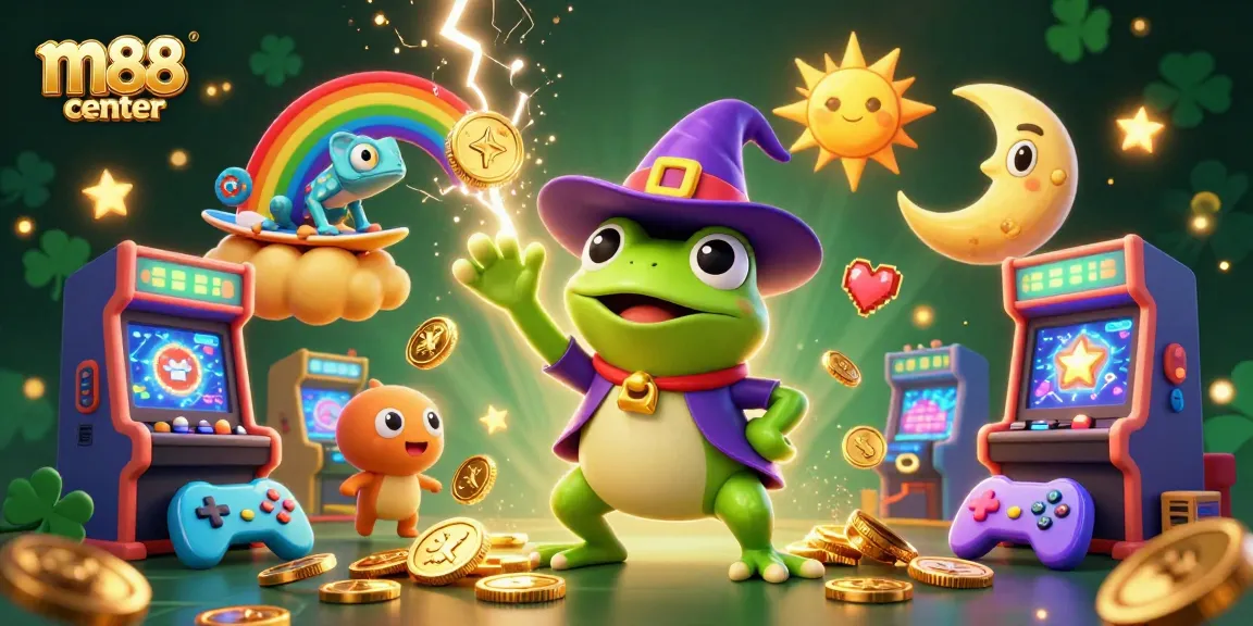 M88 center showcases an exciting online casino atmosphere with vibrant characters and gold coins raining down from the sky.