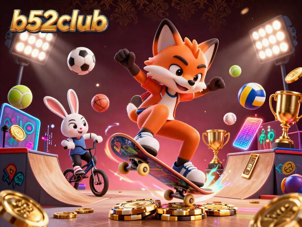 Experience the thrill of b52club with a dynamic scene of a skateboarder fox and a BMX rabbit amidst lively casino elements.