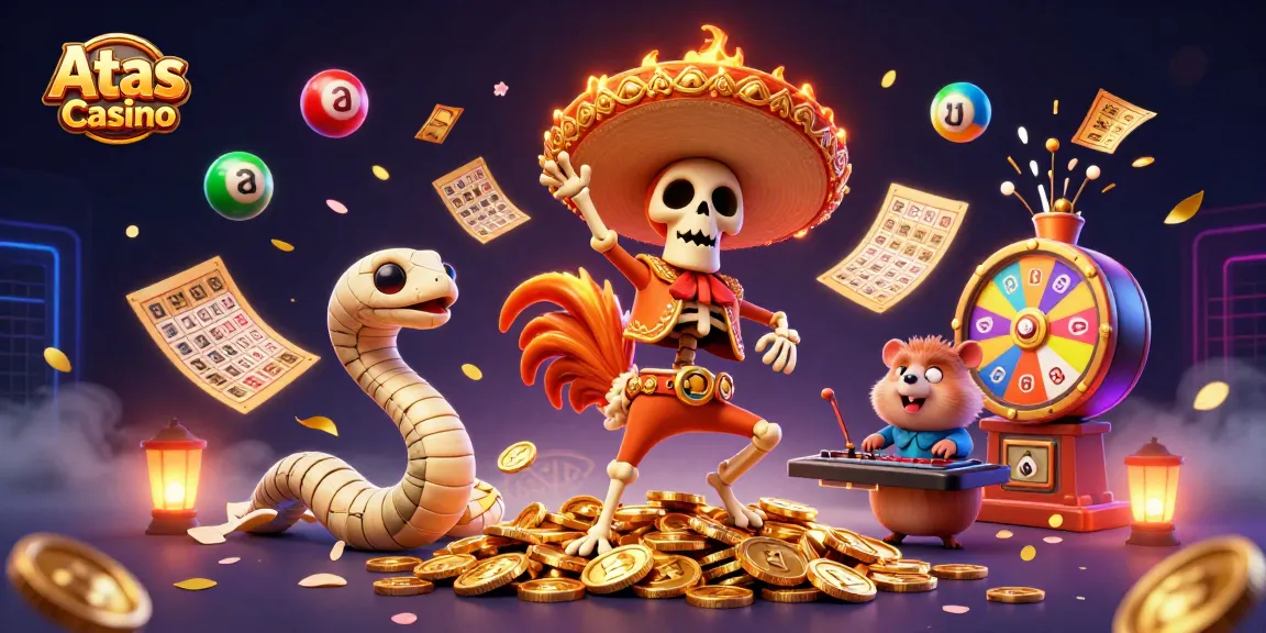 Experience excitement at Atas Casino with vibrant characters celebrating on golden coins surrounded by dynamic game elements.