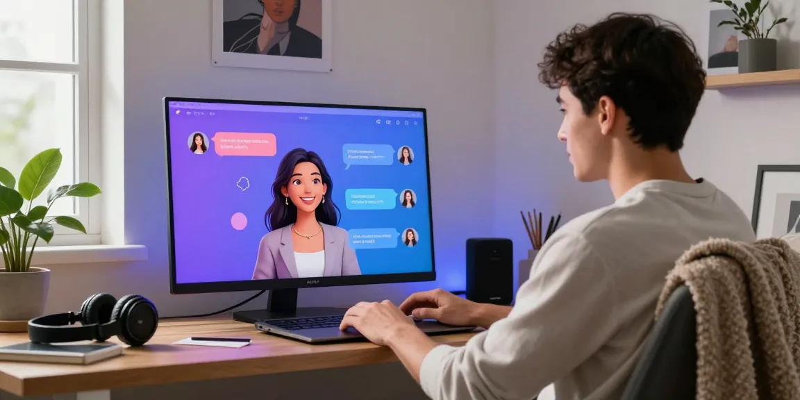 A young adult male interacting with a friendly AI girlfriend on his laptop, showcasing modern technology and virtual companionship.