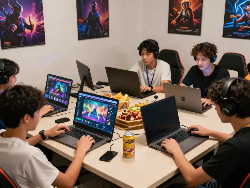 Excited players enjoying QQMacan link on multiple devices in a vibrant gaming room.