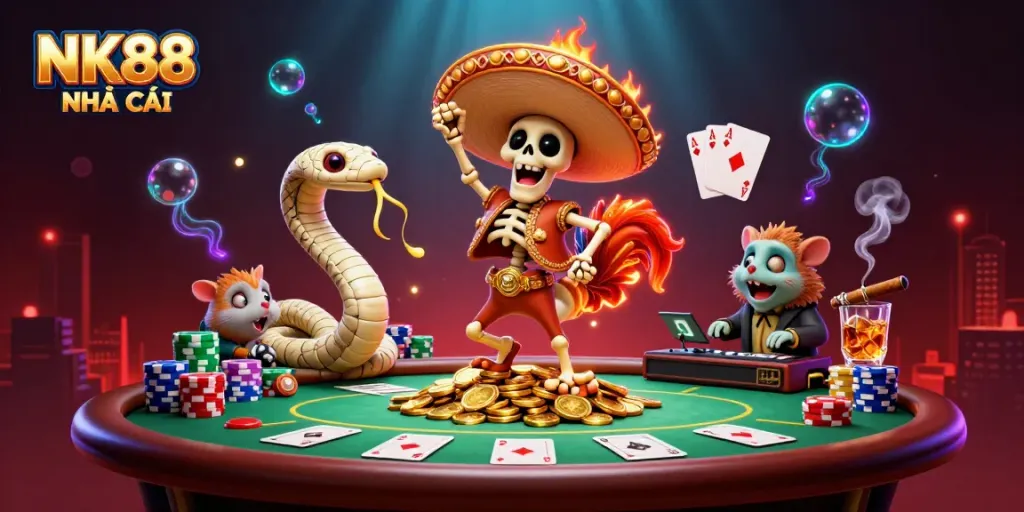 Engaging scene from NK88 NHÀ CÁI with vibrant characters celebrating wins among poker elements.