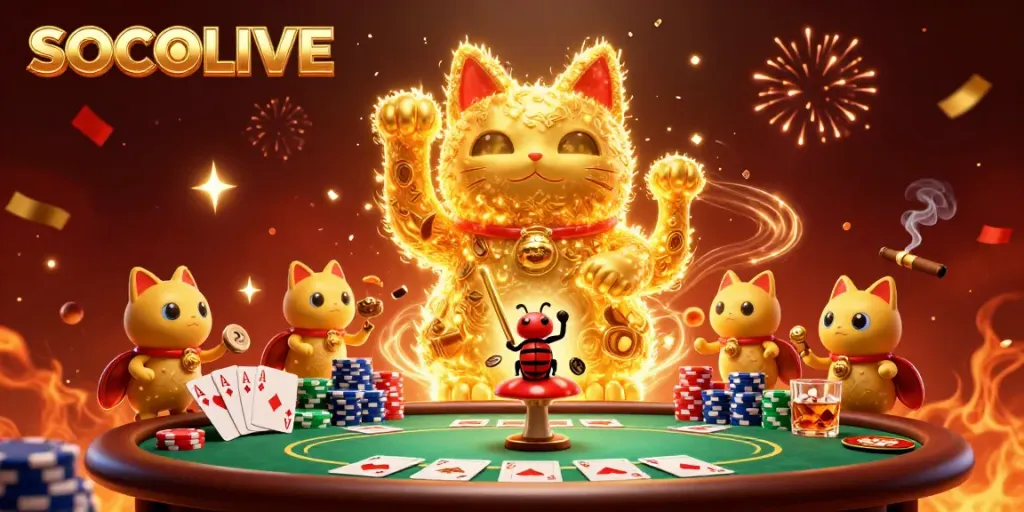 SOCOLIVE showcases vibrant 3D golden fireflies forming a lucky cat among dynamic casino symbols.