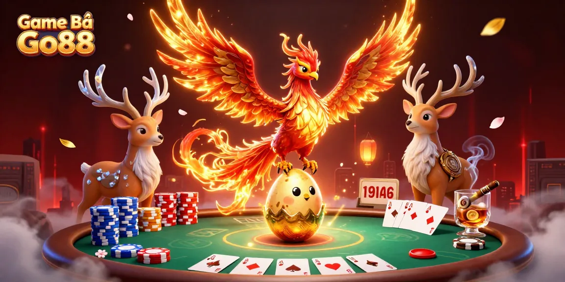 Play Game Bài Go88 amidst stunning casino atmosphere with a phoenix and poker elements.