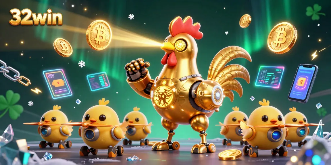 Bet on 32win with an ultra-detailed 3D illustration of the golden rooster robot and chick drones amidst vibrant casino elements.