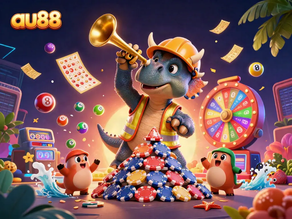 Join the excitement at au88, featuring a triceratops and fun casino elements in a vibrant celebration.