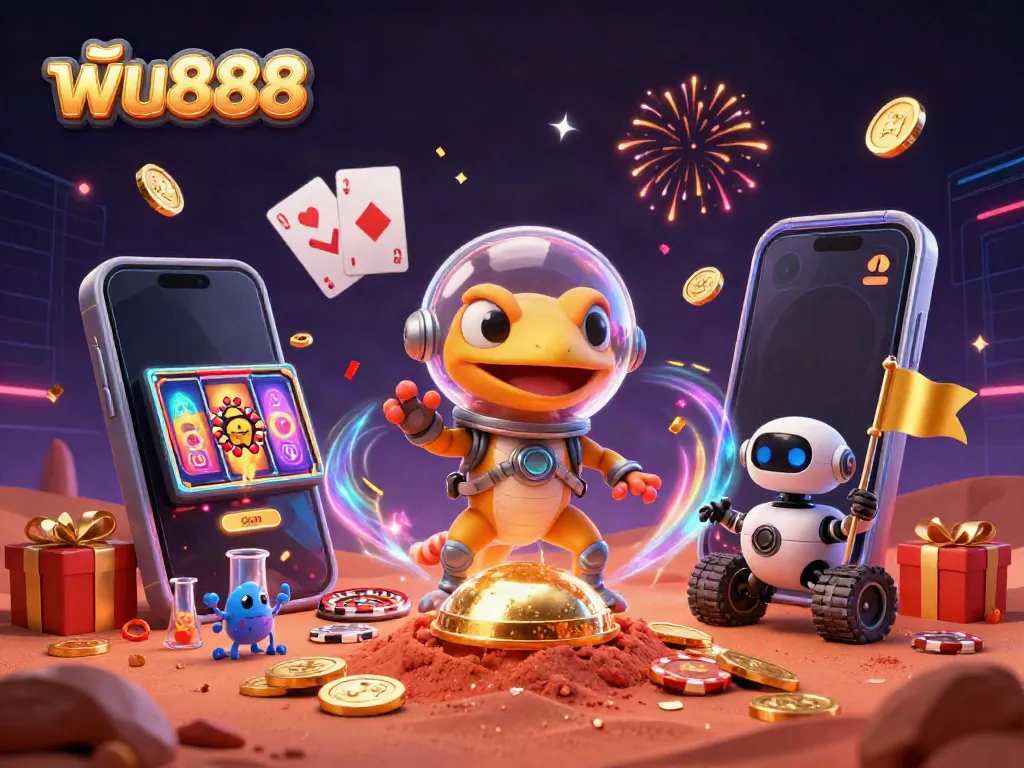 ฟัน888 Martian gecko discovers a golden casino on Mars, surrounded by gaming elements.