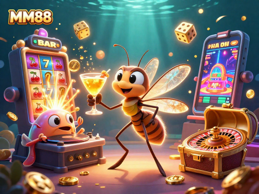 Experience the thrill of MM88 with an engaging casino mascot and vibrant gaming elements.