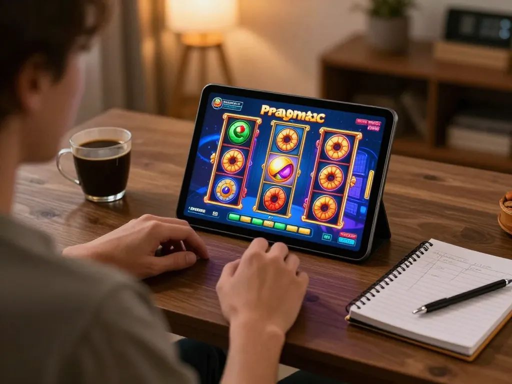Playing Demo Gacor on a tablet with engaging slot gameplay and strategy notes nearby