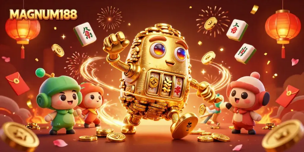 Experience MAGNUM188's thrilling gaming atmosphere with this dynamic 3D illustration of golden golems and casino symbols.