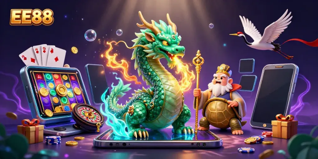 Experience EE88 with an epic dragon and sage in a vibrant 3D casino scene.