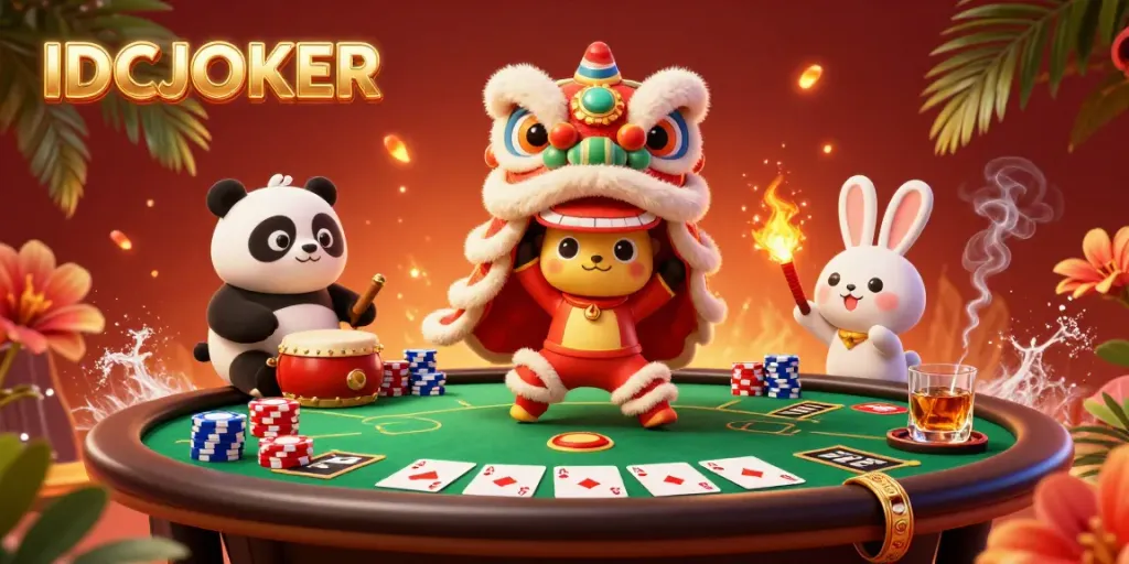 Engage with IDCJOKER in a vibrant casino scene featuring a Chinese New Year lion dance and poker elements.