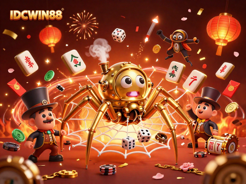 Engage with the dynamic scene of IDCWIN88 featuring a steampunk spider in a casino web of fortune.