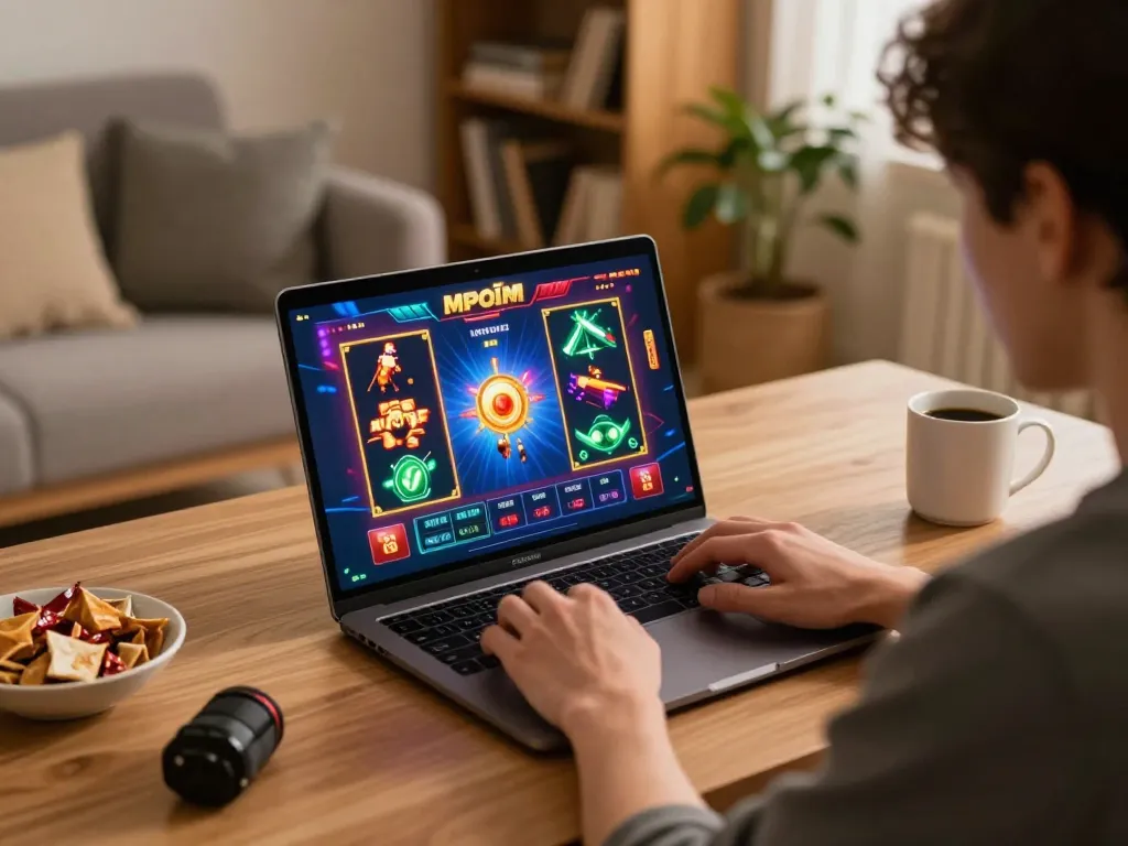 Player engaging with mpoid slot on laptop during an exciting online gaming session.