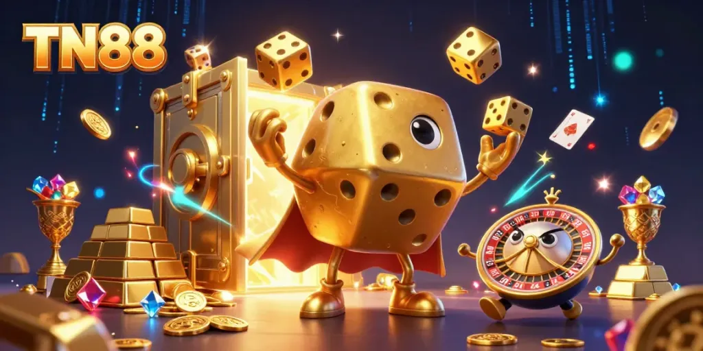 Engage with TN88's thrilling casino experience featuring a dynamic 3D illustration of golden dice golems and casino elements.
