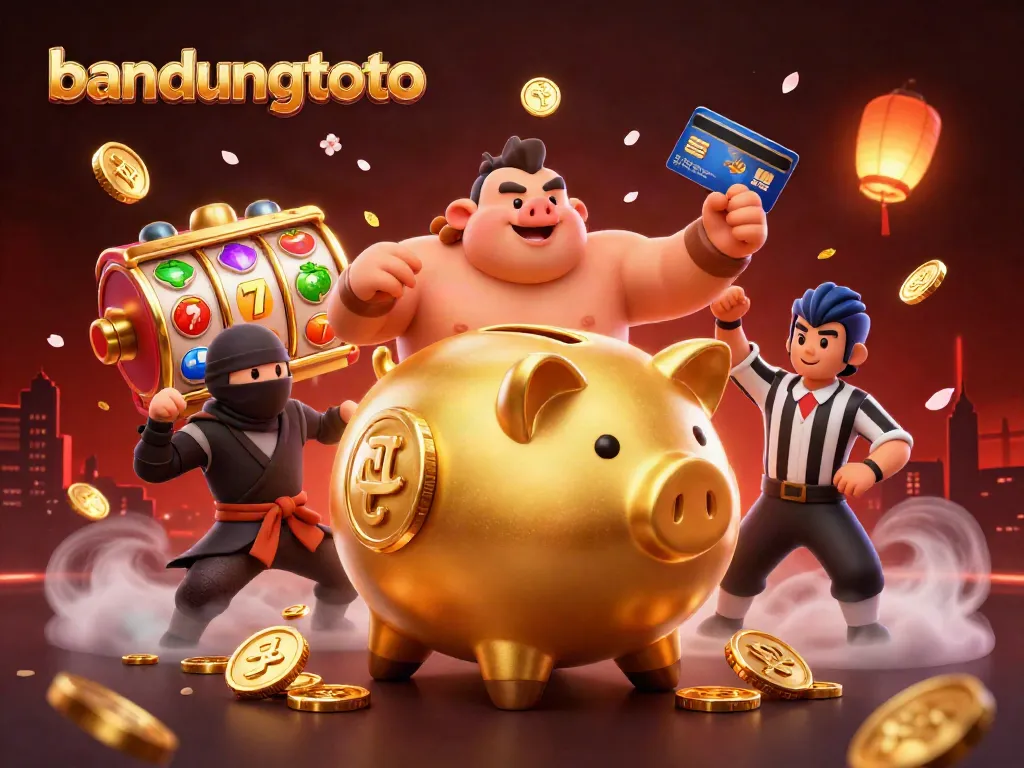 Bandungtoto exciting scene showcases a golden piggy bank sumo wrestler and friends amidst slot reels and floating coins.