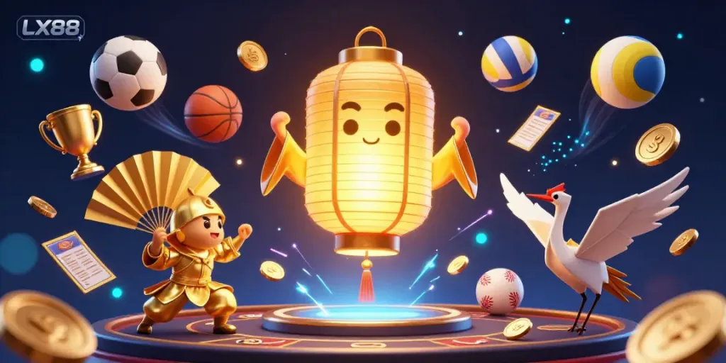 Engage with LX88’s vibrant online casino scene featuring golden lantern spirit, sports elements, and dynamic energy.