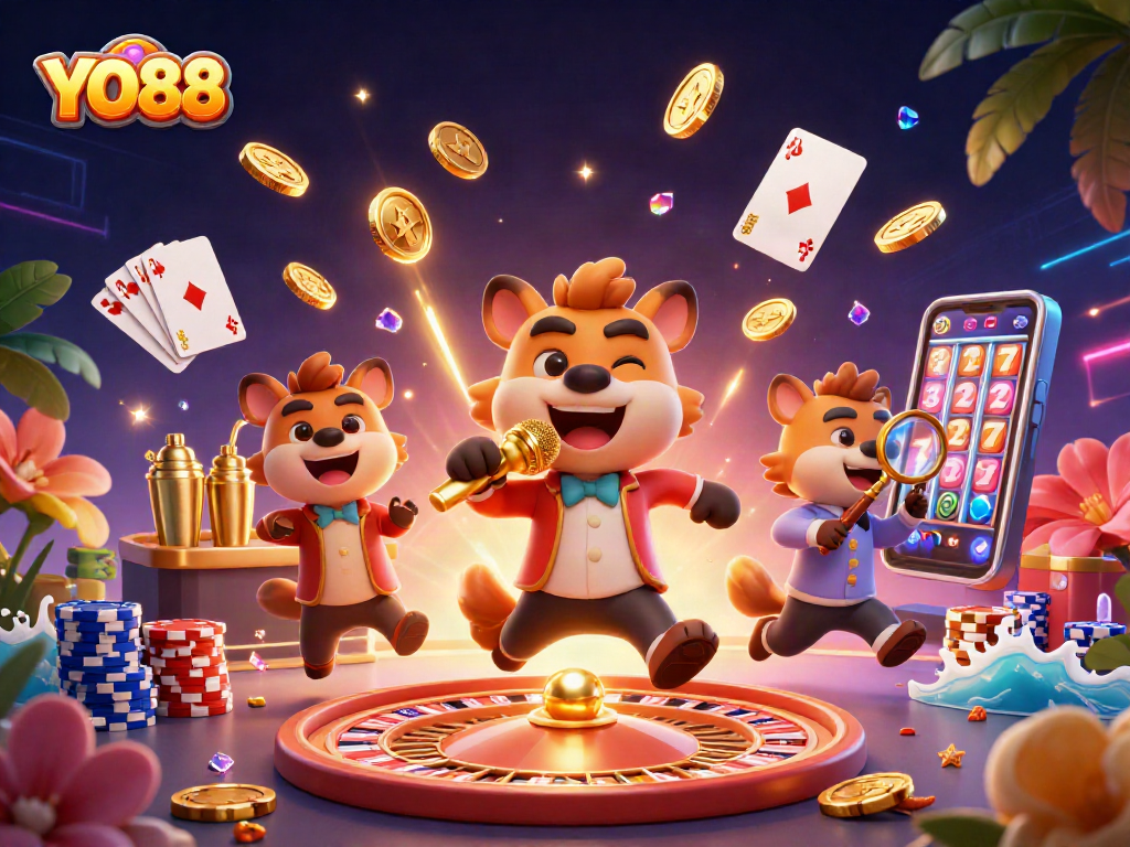 YO88 hyenas perform in a vibrant casino scene, featuring coins, roulette, and festive casino elements.