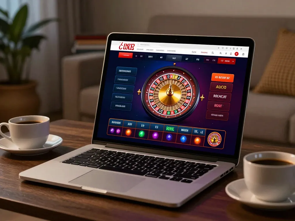 Engaging LGOLUX LOGIN session on laptop with roulette wheel, showcasing online casino gameplay.