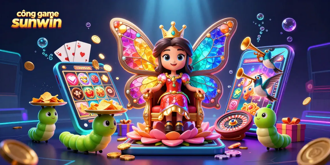 Engage with cổng game sunwin featuring a vibrant scene of a butterfly queen surrounded by colorful slots and casino elements.