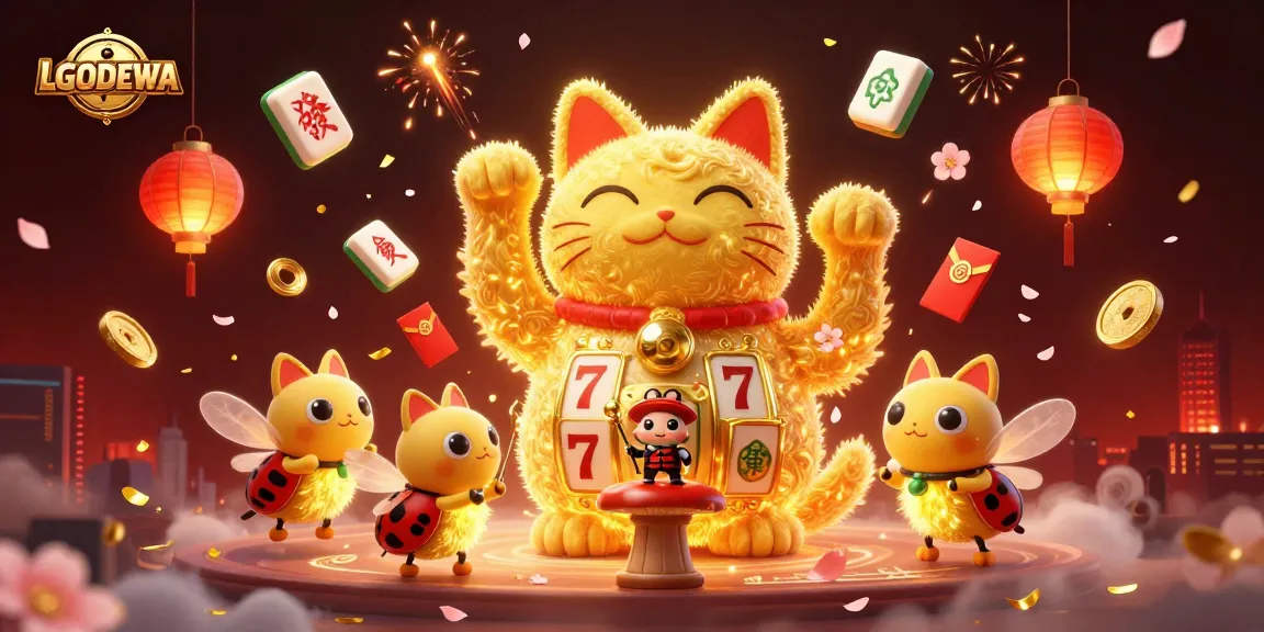 Experience the excitement of LGODEWA with a vibrant scene of a lucky cat, casino symbols, and festive decorations.