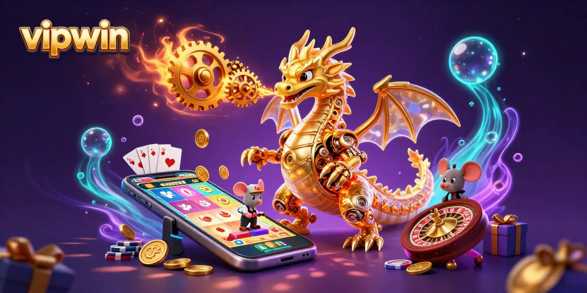 Engage with vipwin's dynamic casino scene featuring a golden dragon and thrilling slot action.