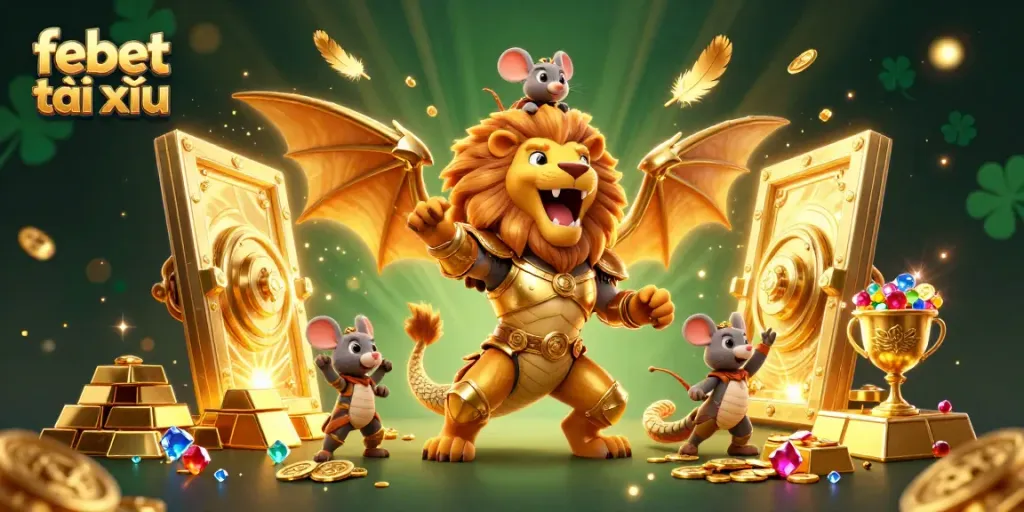 Experience the excitement of febet tài xỉu with a golden treasure scene and mythical characters.
