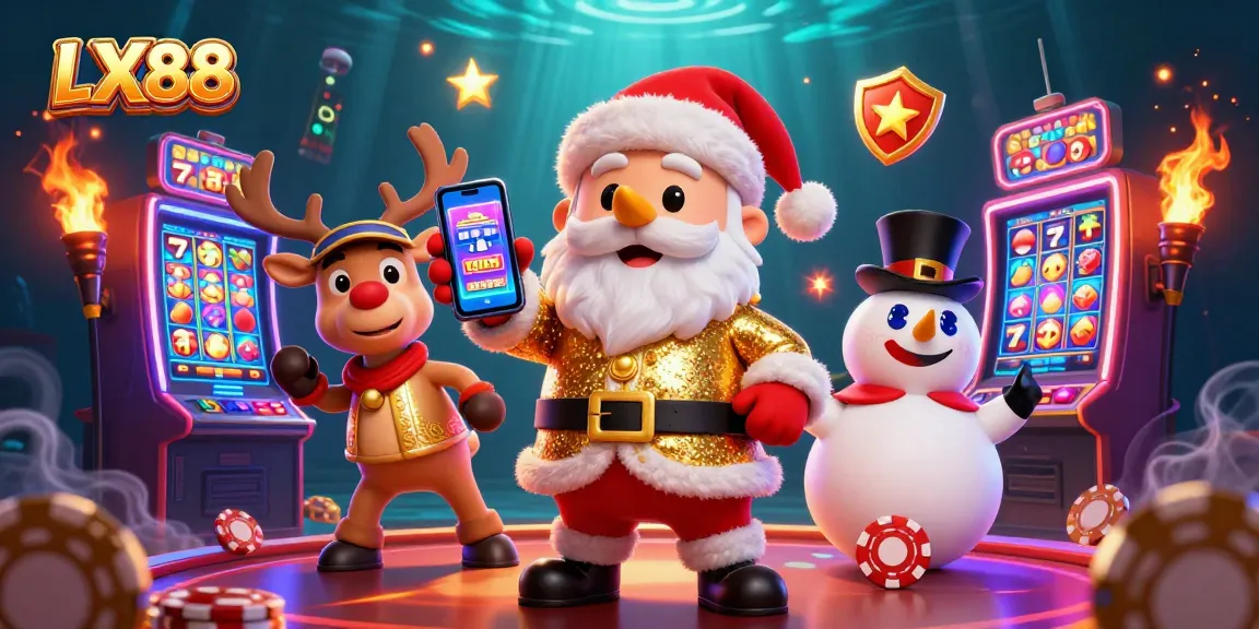 Spin the reels with LX88 in this vibrant casino scene featuring Santa and friends.