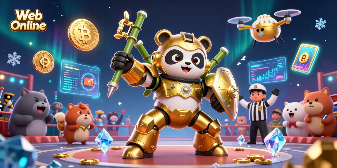 Experience thrilling gameplay at Web Online with golden panda mech-suit battles and vibrant crypto elements.