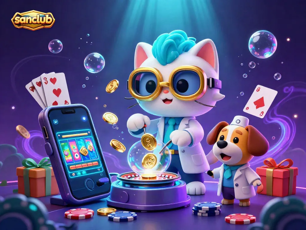 Experience gaming excitement with sanclub's vibrant casino scene featuring a scientist cat and assistant.